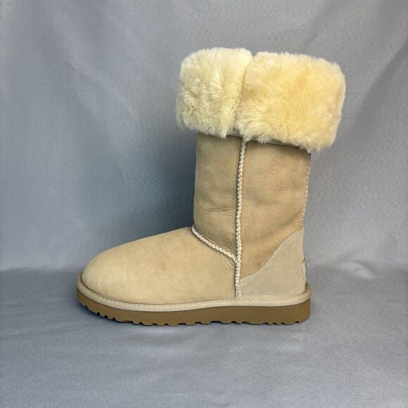 Womens UGG Boots Sz 7 Classic Tall Sand Sheepskin Suede Wool Boho Festival $220 - Picture 11 of 15